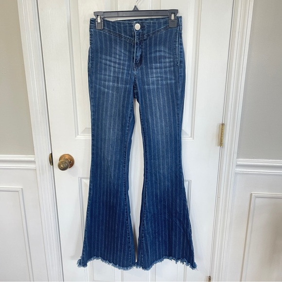 Uniq by Litz Jeans Women's 26 Blue Pinstripe Flare Leg Raw Hem Boho Retro - Picture 1 of 8